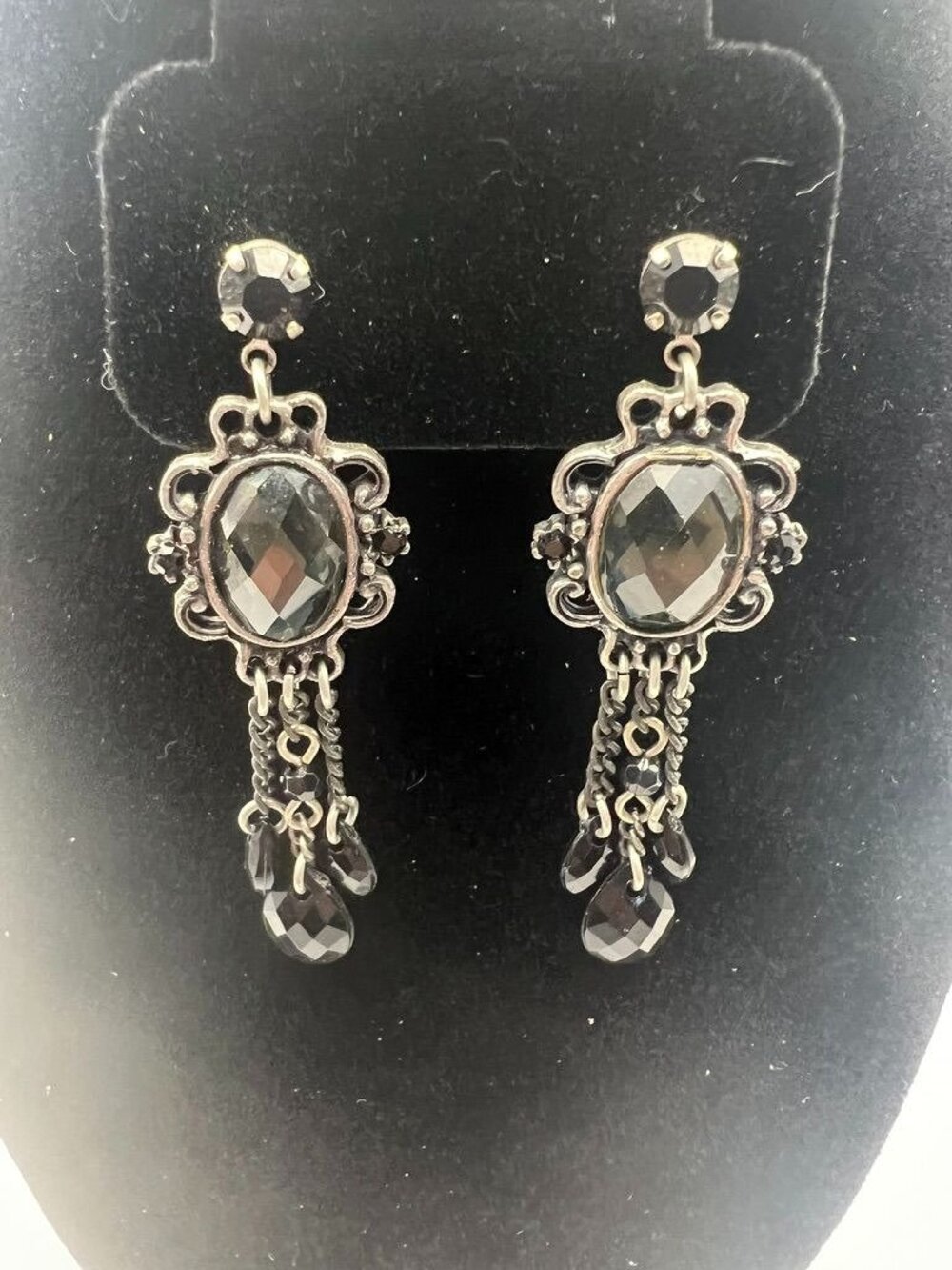 Vintage Gothic Victorian Revival Earrings Black Crystal Filigree Dangle Drop